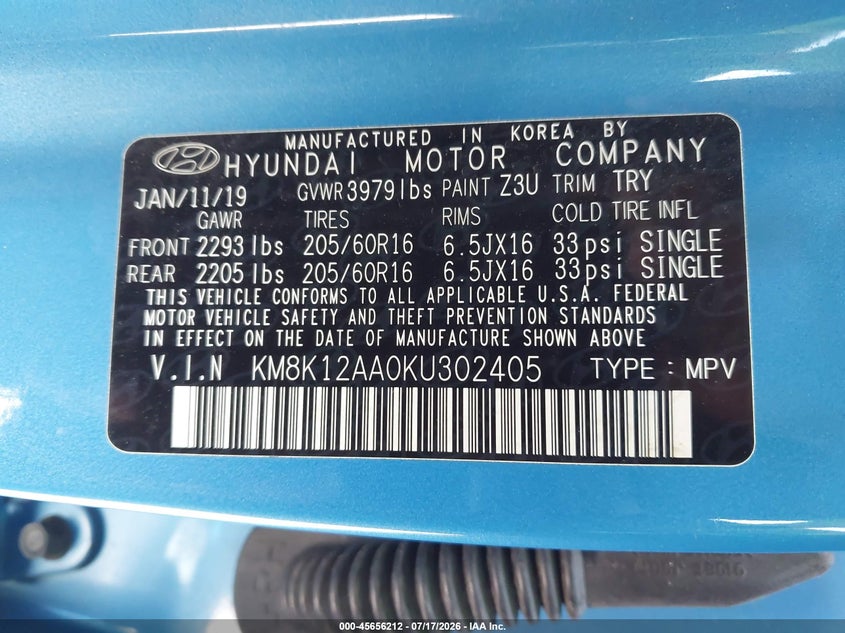 2019 Hyundai Kona Se VIN: KM8K12AA0KU302405 Lot: 45656212