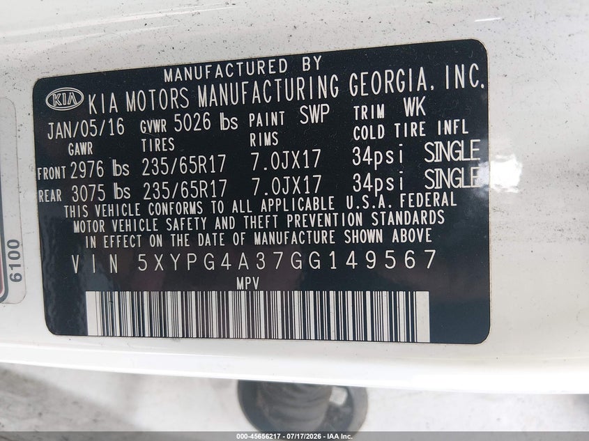 2016 Kia Sorento 2.4L Lx VIN: 5XYPG4A37GG149567 Lot: 45656217