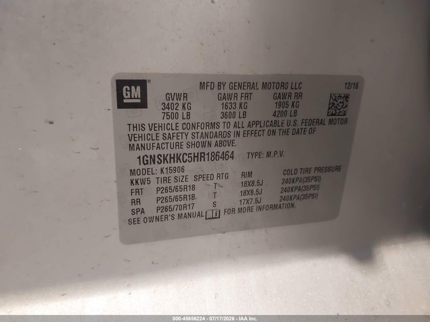 2017 Chevrolet Suburban Lt VIN: 1GNSKHKC5HR186464 Lot: 45656224