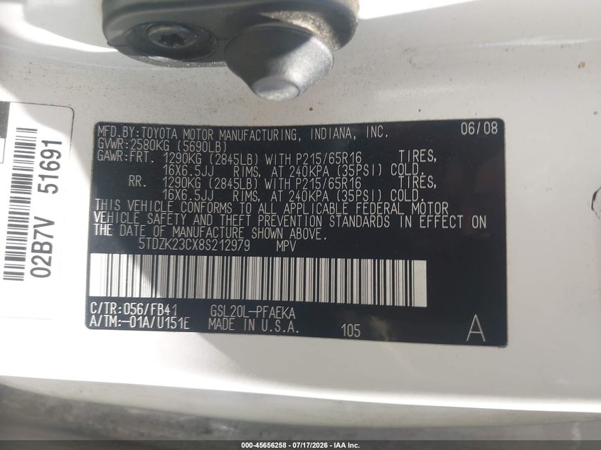 2008 Toyota Sienna Ce VIN: 5TDZK23CX8S212979 Lot: 45656258