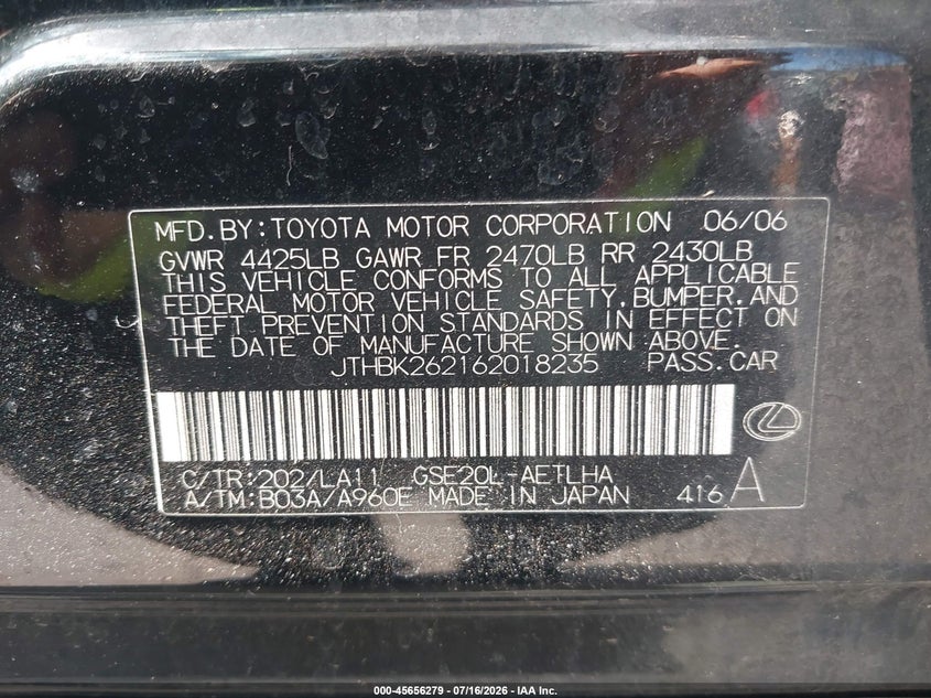 2006 Lexus Is VIN: JTHDK262162018235 Lot: 45656279