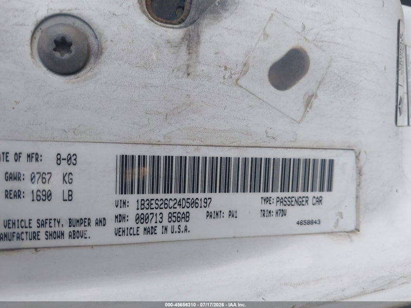 2004 Dodge Neon Se VIN: 1B3ES26C24D506197 Lot: 45656310