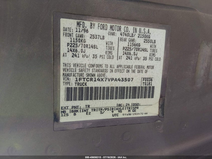 1997 Ford Ranger Splash/Xlt VIN: 1FTCR14X7VPA43507 Lot: 45656315