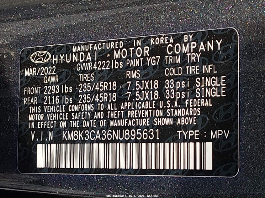 2022 Hyundai Kona N Line VIN: KM8K3CA36NU895631 Lot: 45656317