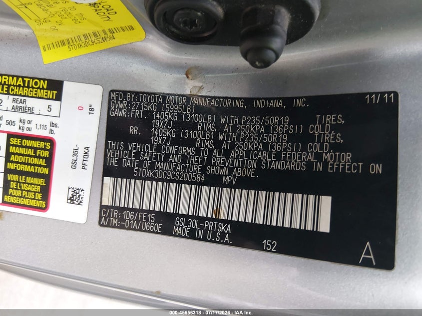 2012 Toyota Sienna Se 8 Passenger VIN: 5TDXK3DC9CS200584 Lot: 45656318