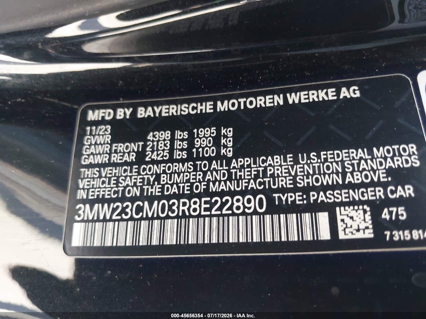 2024 BMW 230I VIN: 3MW23CM03R8E22890 Lot: 45656354