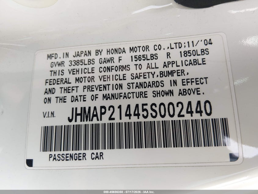 2005 Honda S2000 VIN: JHMAP21445S002440 Lot: 45656358