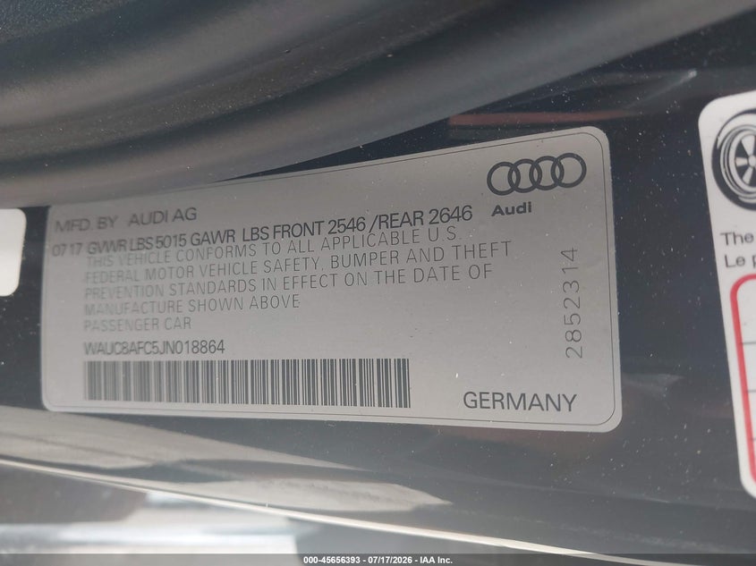 2018 Audi A6 2.0T Premium/2.0T Sport VIN: WAUC8AFC5JN018864 Lot: 45656393