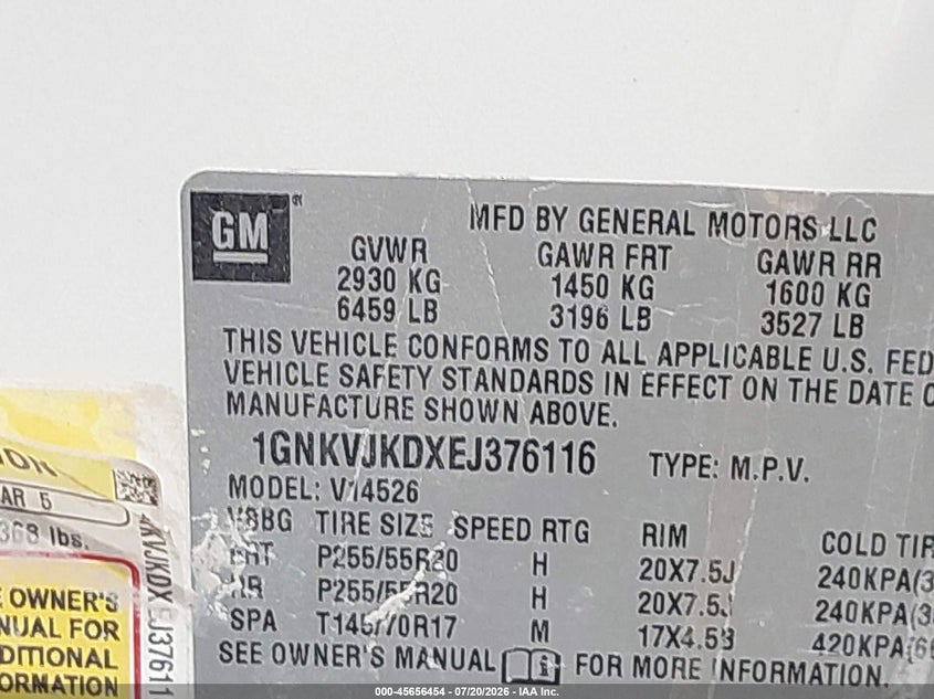 2014 Chevrolet Traverse Ltz VIN: 1GNKVJKDXEJ376116 Lot: 45656454