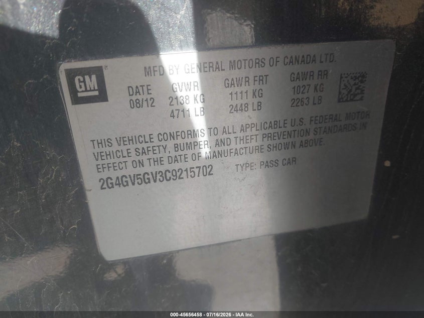 2012 Buick Regal Gs VIN: 2G4GV5GV3C9215702 Lot: 45656458