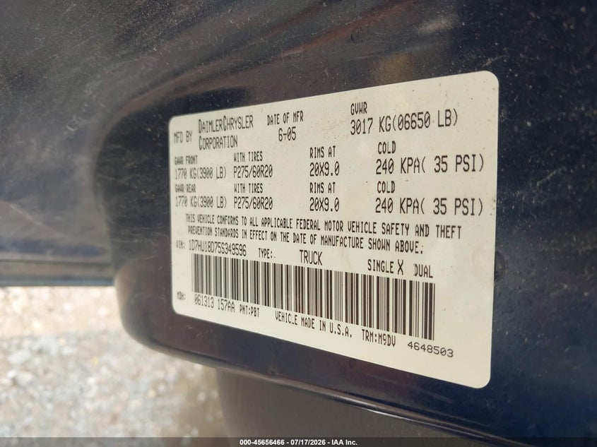 2005 Dodge Ram 1500 Slt/Laramie VIN: 1D7HU18D75S349596 Lot: 45656466