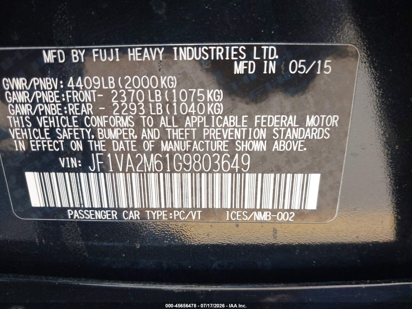 2016 Subaru Wrx Sti VIN: JF1VA2M61G9803649 Lot: 45656478