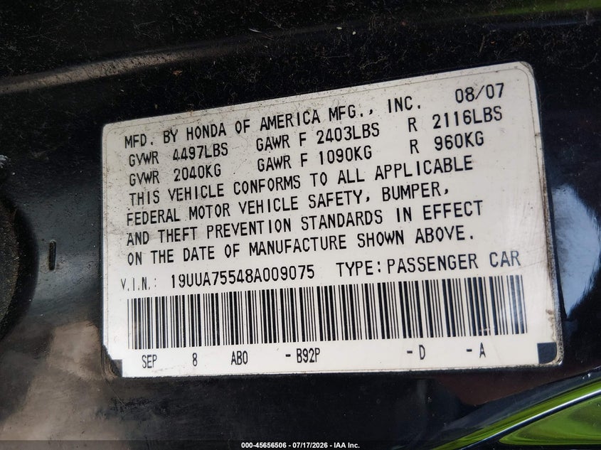 2008 Acura Tl Type S VIN: 19UUA75548A009075 Lot: 45656506