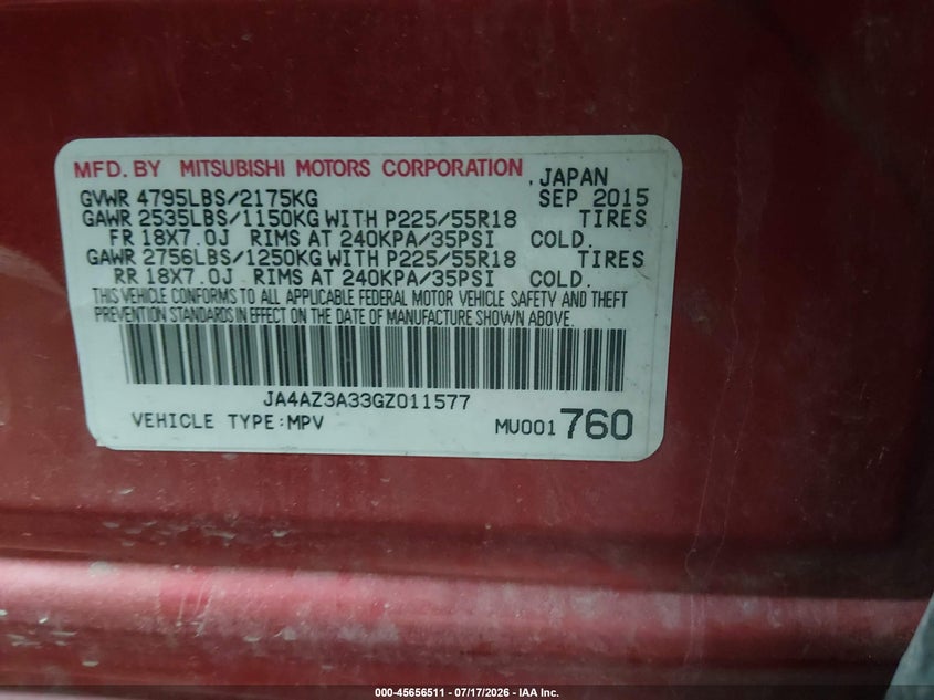2016 Mitsubishi Outlander Se VIN: JA4AZ3A33GZ011577 Lot: 45656511