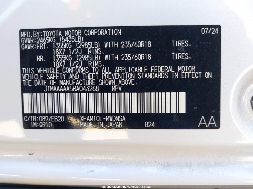 2024 Toyota Bz4X Xle VIN: JTMAAAAA5RA043268 Lot: 45656545