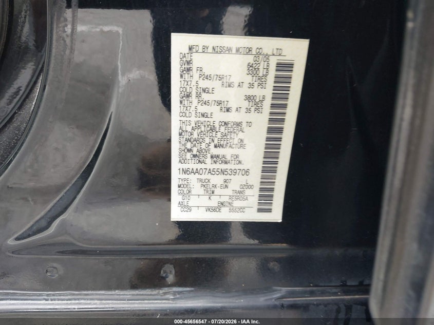 2005 Nissan Titan Xe VIN: 1N6AA07A55N539706 Lot: 45656547