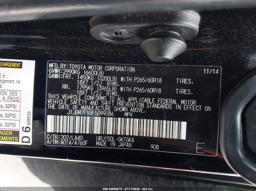 2015 Lexus Gx 460 VIN: JTJBM7FX8F5099086 Lot: 45656575