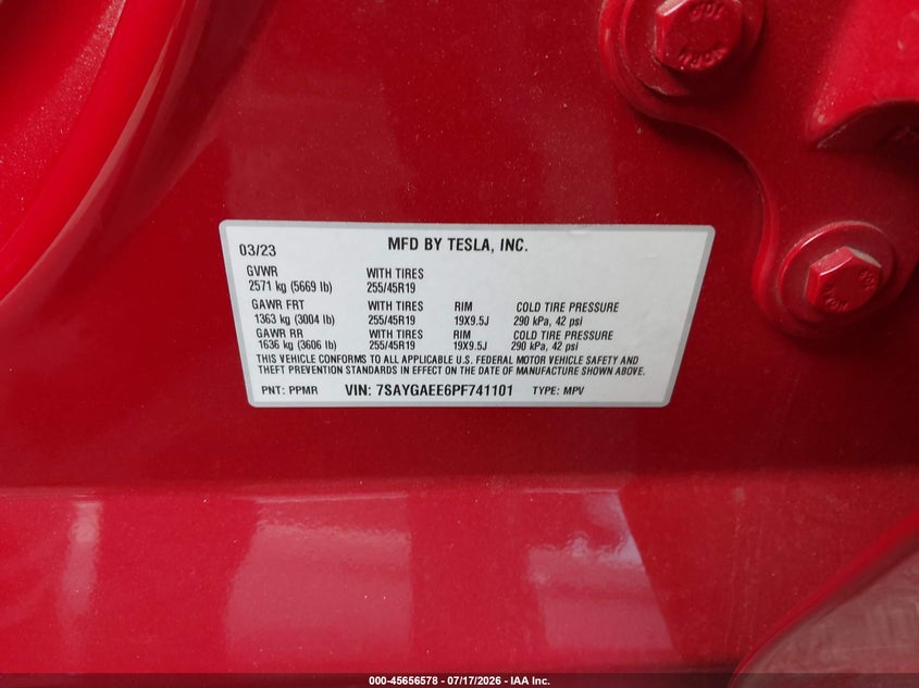 2023 Tesla Model Y Awd/Long Range Dual Motor All-Wheel Drive VIN: 7SAYGAEE6PF741101 Lot: 45656578