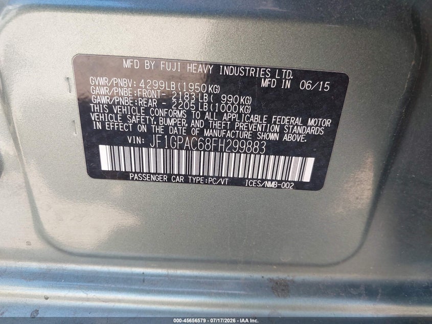 2015 Subaru Impreza 2.0I Premium VIN: JF1GPAC68FH299883 Lot: 45656579