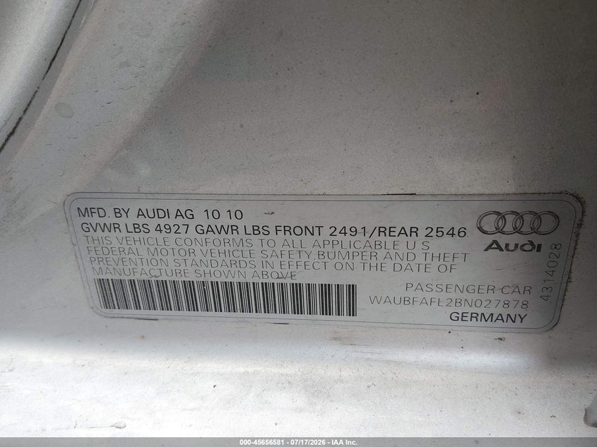 2011 Audi A4 2.0T Premium VIN: WAUBFAFL2BN027878 Lot: 45656581