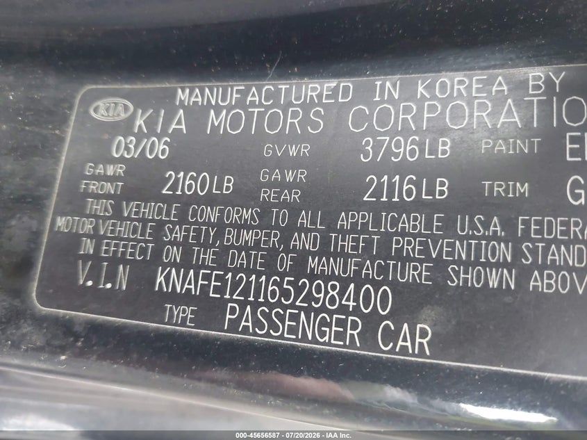 2006 Kia Spectra Ex/Lx/Sx VIN: KNAFE121165298400 Lot: 45656587