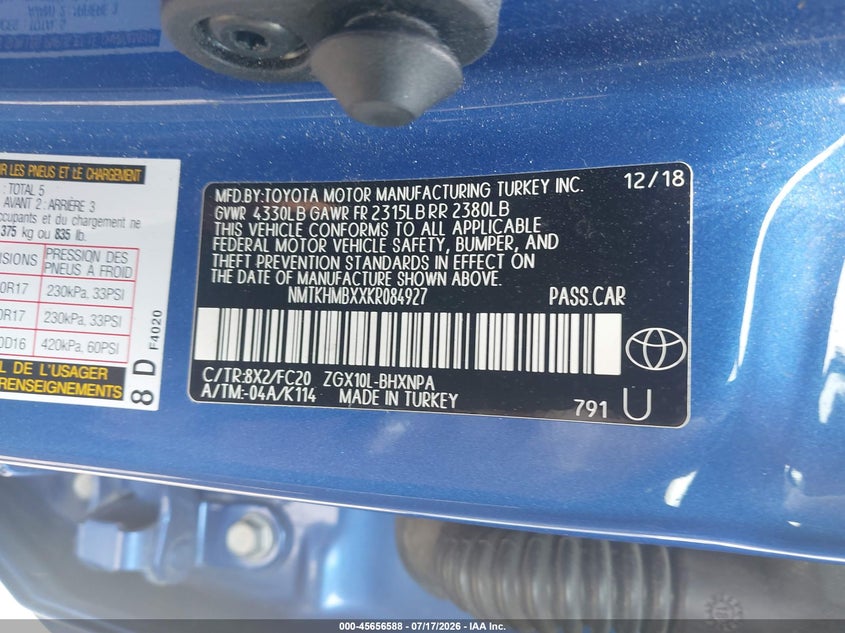 2019 Toyota C-Hr Le VIN: NMTKHMBXXKR084927 Lot: 45656588