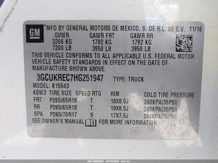 2017 Chevrolet Silverado 1500 Lt VIN: 3GCUKREC7HG251947 Lot: 45656597