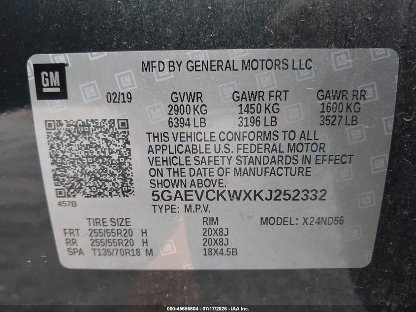 2019 Buick Enclave Awd Avenir VIN: 5GAEVCKWXKJ252332 Lot: 45656604