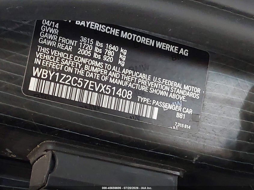 2014 BMW I3 VIN: WBY1Z2C57EVX51408 Lot: 45656606