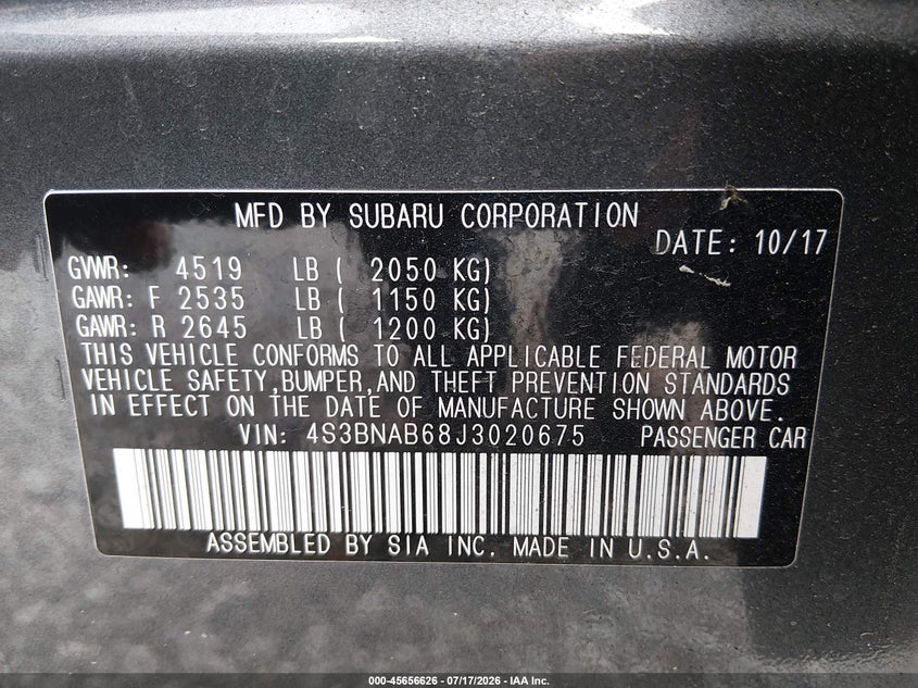 2018 Subaru Legacy 2.5I VIN: 4S3BNAB68J3020675 Lot: 45656626