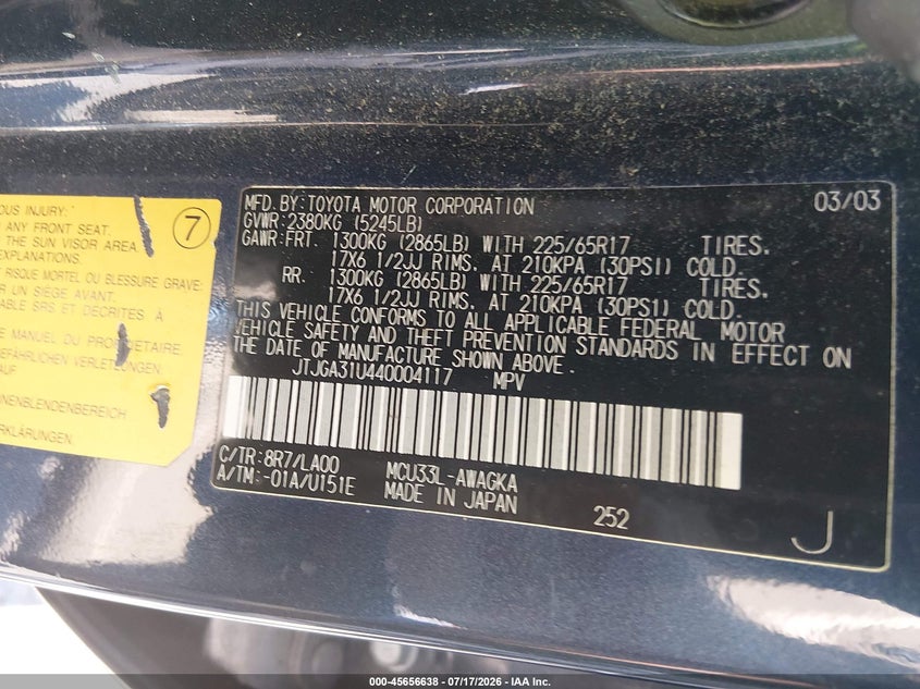2004 Lexus Rx 330 VIN: JTJGA31U440004117 Lot: 45656638