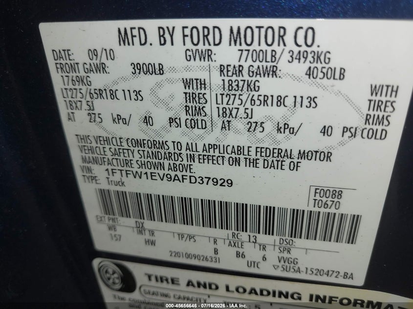 2010 FORD F-150 TRUCK 5.4L V-8 VVT, 310HP