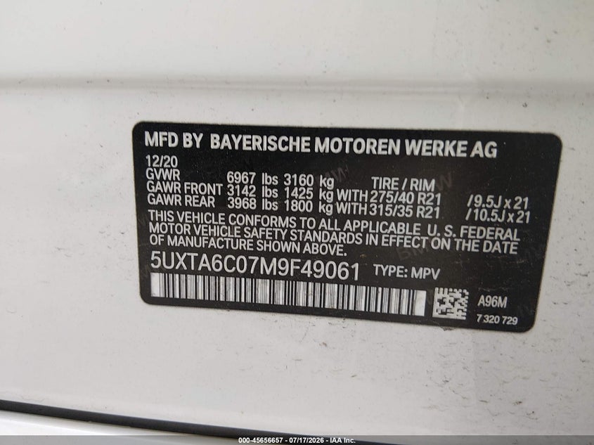 2021 BMW X5 Phev xDrive45E VIN: 5UXTA6C07M9F49061 Lot: 45656657
