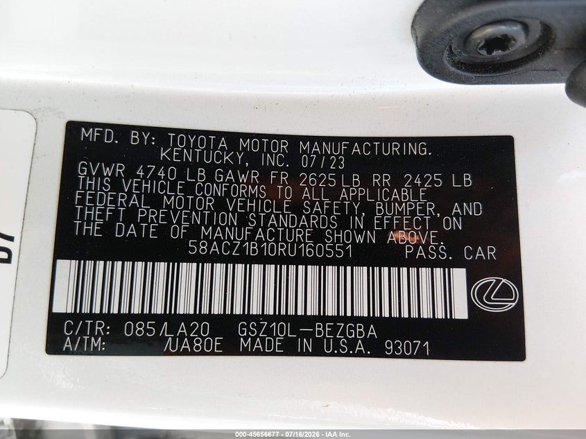 2024 Lexus Es 350 VIN: 58ACZ1B10RU160551 Lot: 45656677