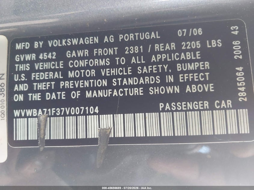 2007 Volkswagen Eos 2.0T VIN: WVWBA71F37V007104 Lot: 45656689