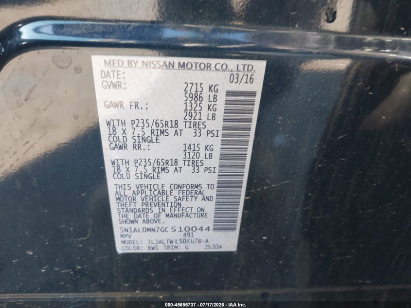 2016 Infiniti Qx60 VIN: 5N1AL0MN7GC510044 Lot: 45656737
