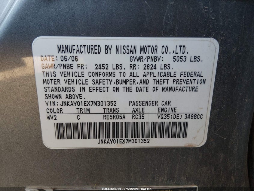 2007 Infiniti M35 VIN: JNKAY01EX7M301352 Lot: 45656769