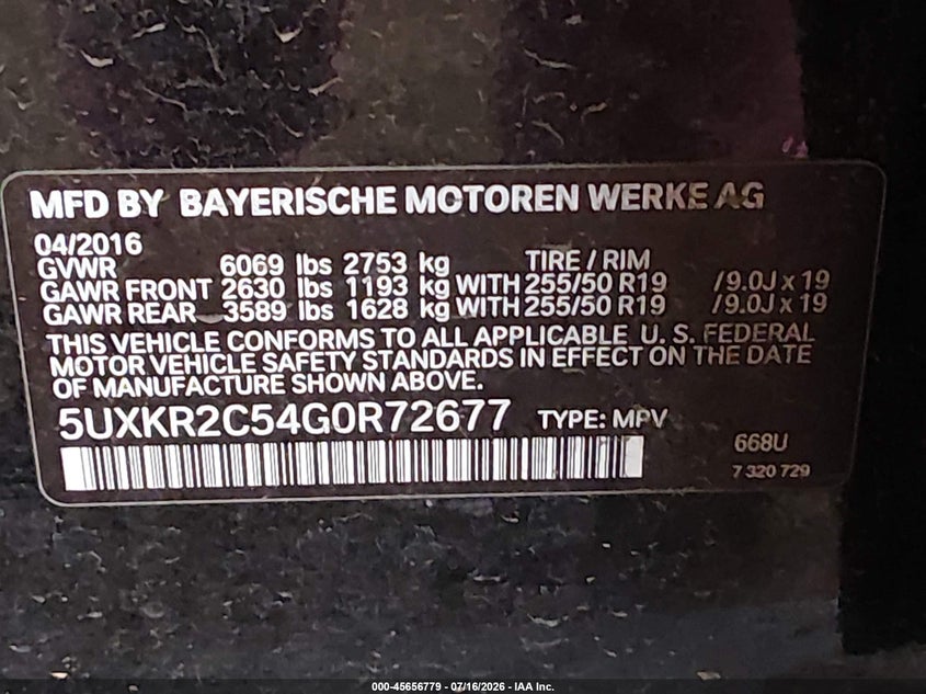 2016 BMW X5 Sdrive35I VIN: 5UXKR2C54G0R72677 Lot: 45656779