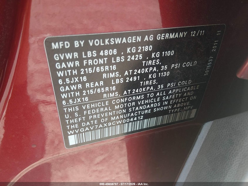 VOLKSWAGEN TIGUAN 2012 VIN WVGAV7AX9CW004412