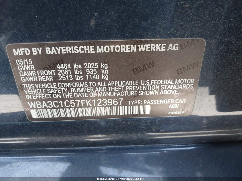 2015 BMW 328I VIN: WBA3C1C57FK123967 Lot: 45656789