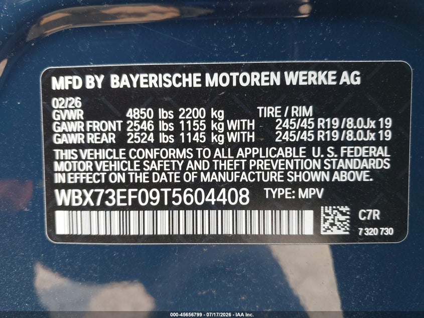 2026 BMW X1 xDrive28I VIN: WBX73EF09T5604408 Lot: 45656799