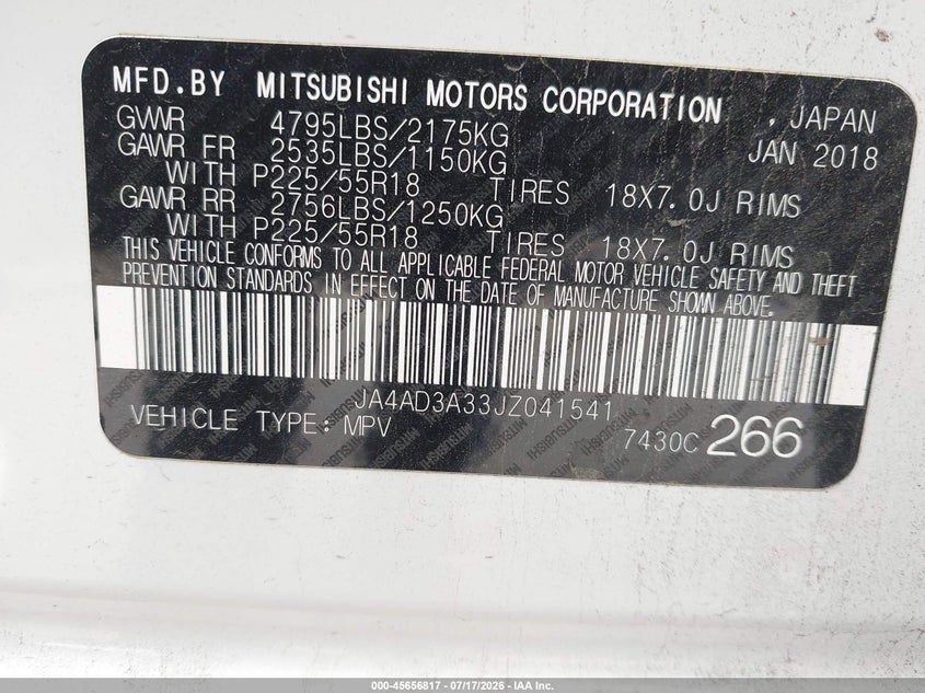 2018 Mitsubishi Outlander Se VIN: JA4AD3A33JZ041541 Lot: 45656817