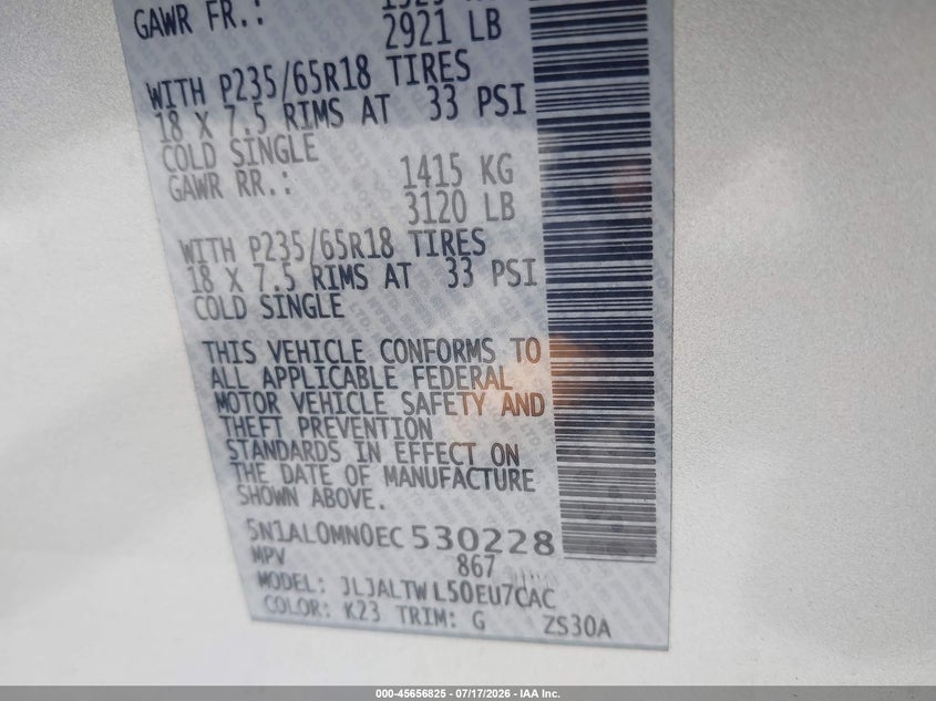 2014 Infiniti Qx60 VIN: 5N1AL0MN0EC530228 Lot: 45656825