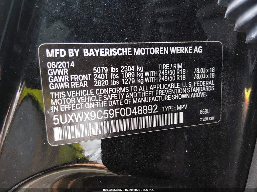2015 BMW X3 xDrive28I VIN: 5UXWX9C59F0D48892 Lot: 45656837