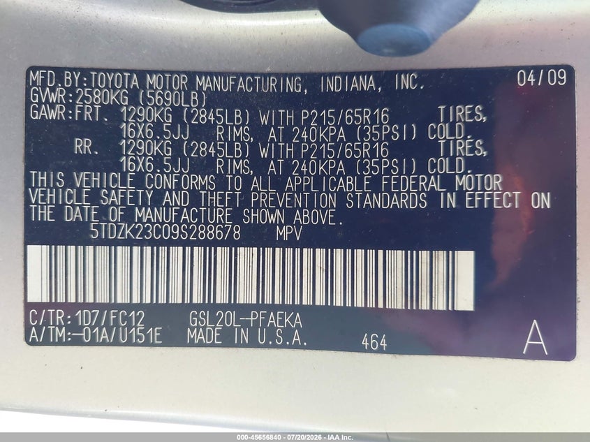 2009 Toyota Sienna Le VIN: 5TDZK23C09S288678 Lot: 45656840