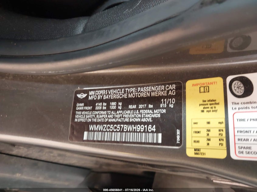2011 Mini Cooper S Countryman VIN: WMWZC5C57BWH99164 Lot: 45656841