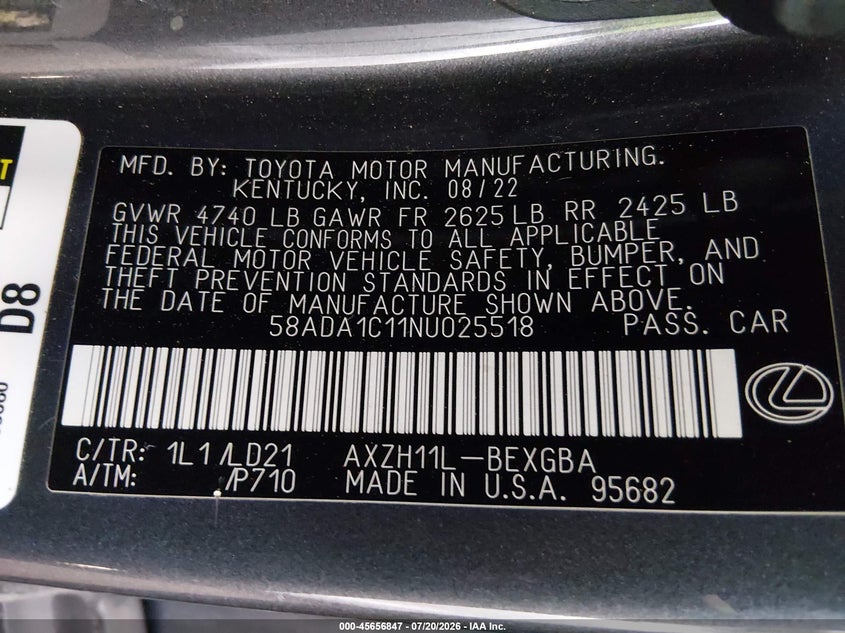 2022 Lexus Es 300H VIN: 58ADA1C11NU025518 Lot: 45656847
