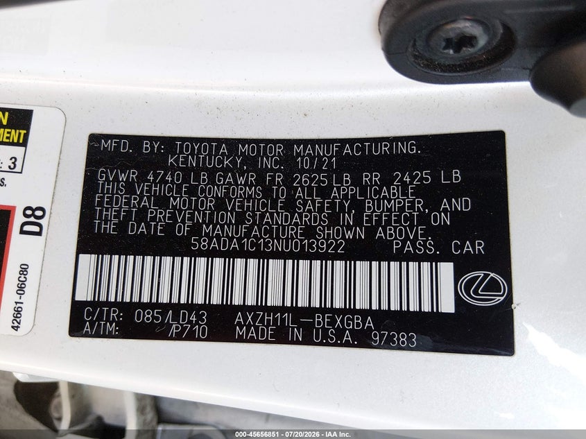 2022 Lexus Es 300H VIN: 58ADA1C13NU013922 Lot: 45656851