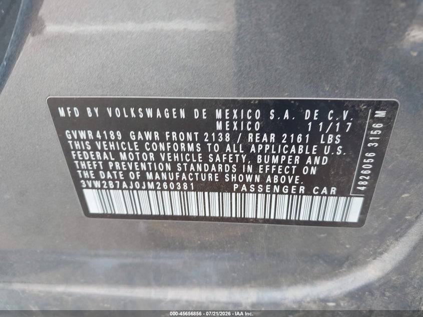 2018 Volkswagen Jetta 1.4T S VIN: 3VW2B7AJ0JM260381 Lot: 45656856
