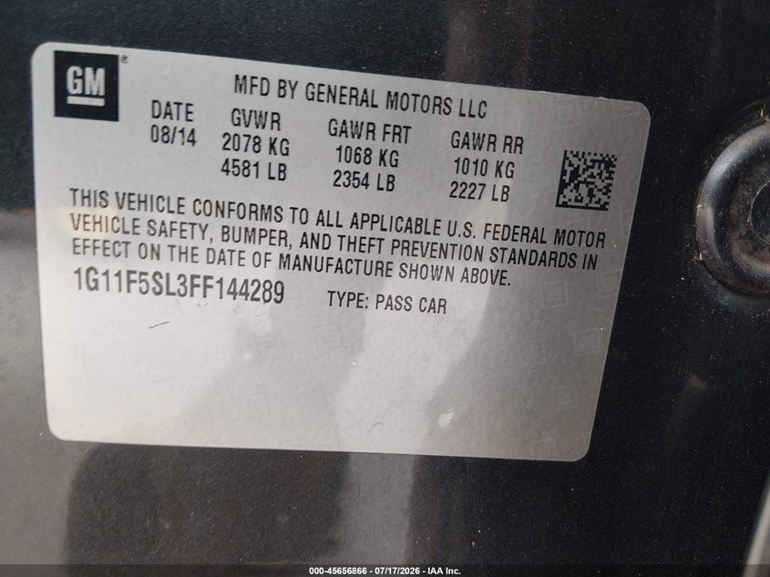 2015 Chevrolet Malibu 1Lz VIN: 1G11F5SL3FF144289 Lot: 45656866